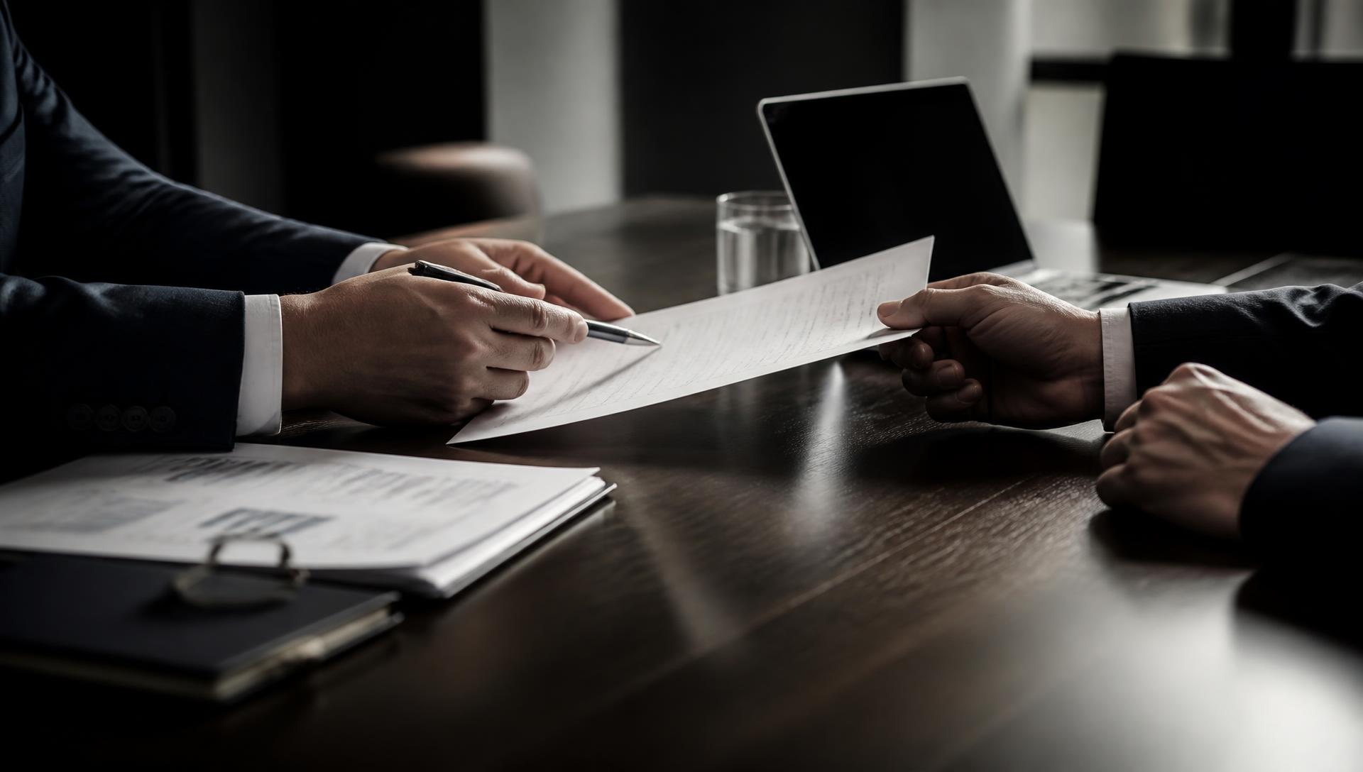 Hands reviewing a business sale document across a boardroom table